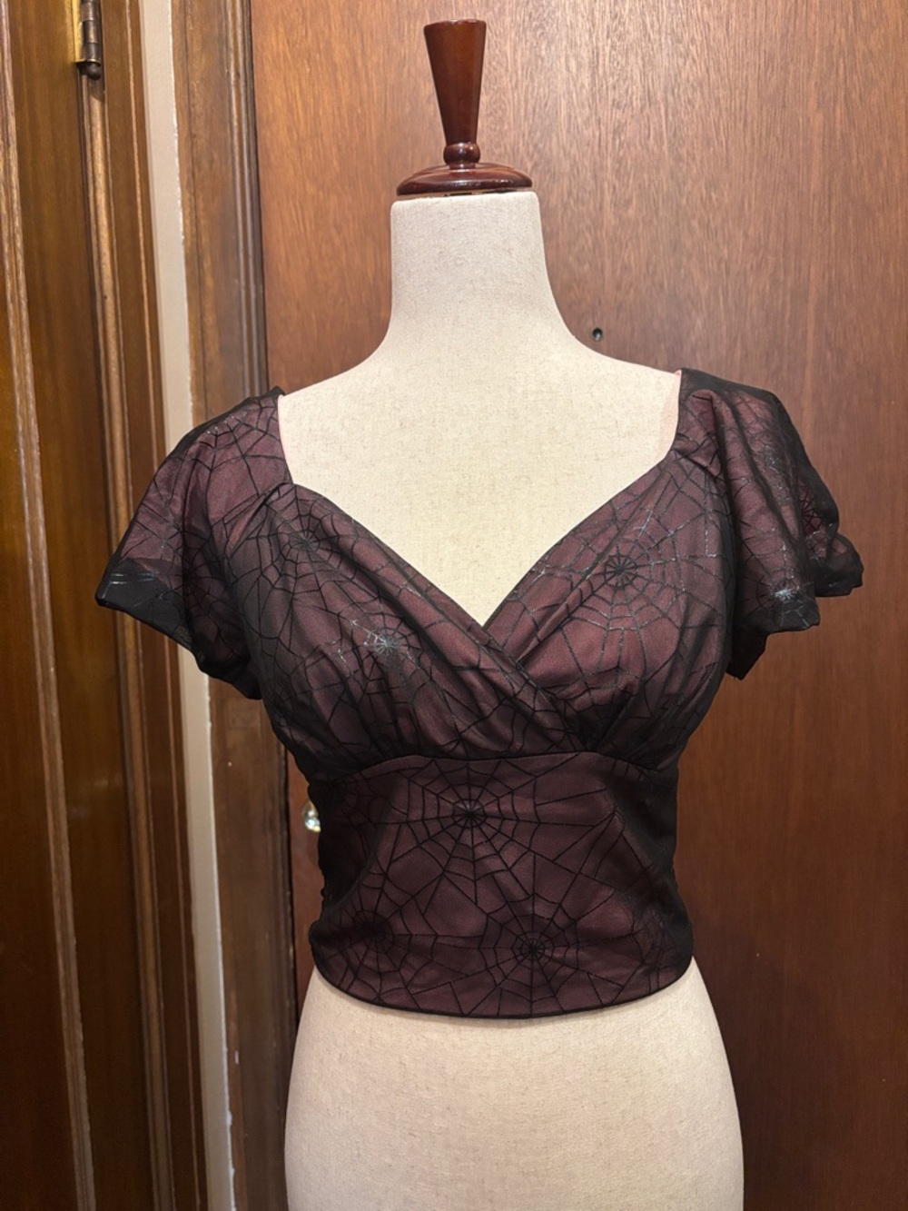 Vixen by Micheline Pitt Black and Deep Plum Spiderweb Crop Top